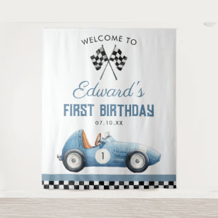 Blue Race Car 1st Birthday Photo Backdrop Tapestry