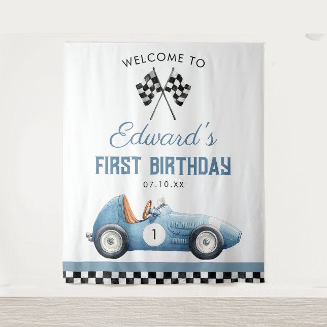 Blue Race Car 1st Birthday Photo Backdrop Tapestry (Front)