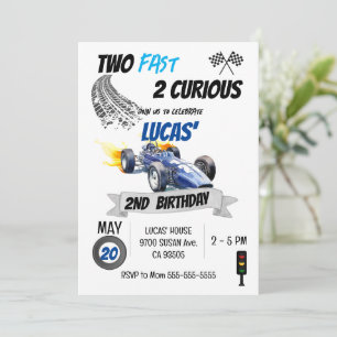 Blue Race Car 2nd Birthday Two Fast 2 Curious Boy  Invitation