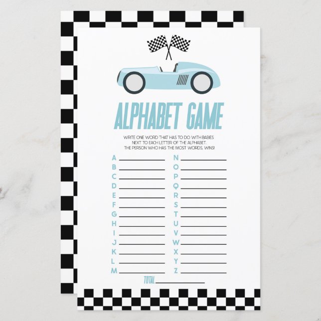 Blue Race Car Alphabet Baby Shower Game (Front/Back)