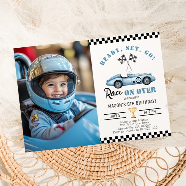 Blue Race Car Any age Boy Photo Birthday Invitation (Creator Uploaded)