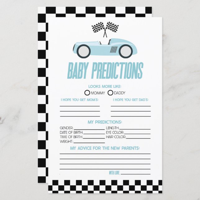 Blue Race Car Baby Shower Predictions Game (Front/Back)