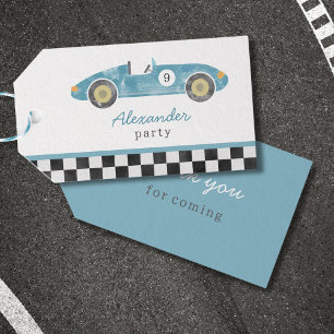 Blue race car birthday invitation gift tags