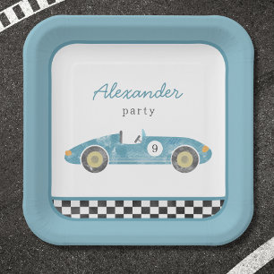 Blue race car birthday invitation paper plate