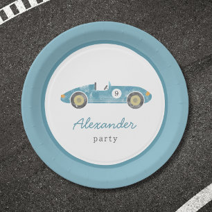Blue race car birthday paper plate