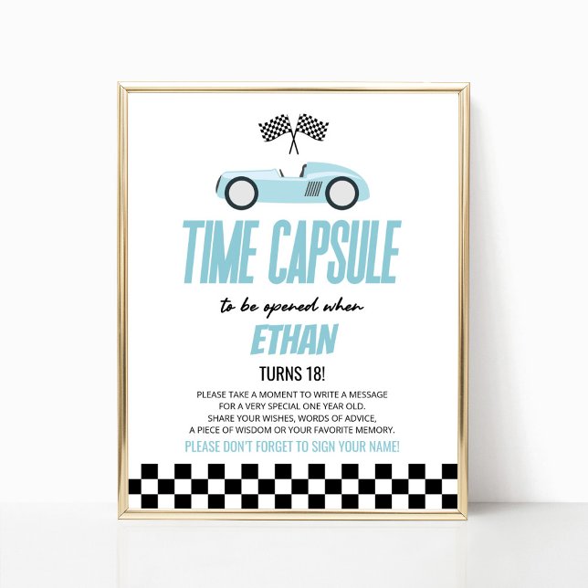 Blue Race Car Birthday Party Time Capsule Sign (Creator Uploaded)