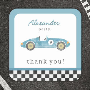 Blue race car birthday square sticker