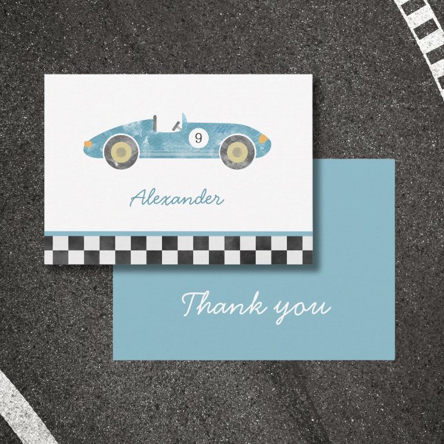 Blue race car birthday thank you card (Creator Uploaded)