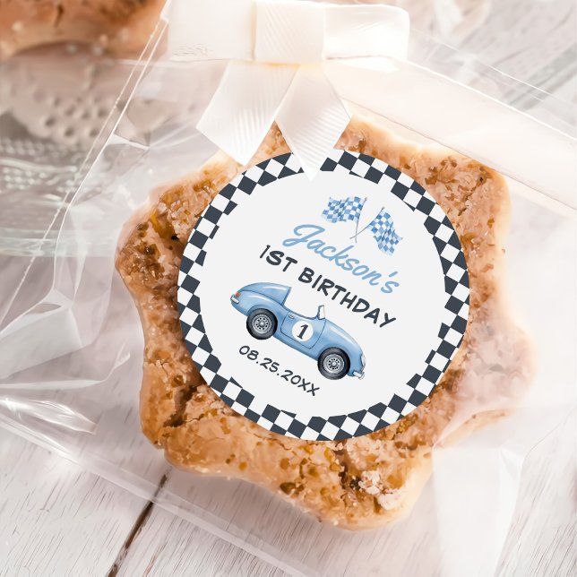 Blue Race Car Boy 1st Birthday Classic Round Sticker (Creator Uploaded)