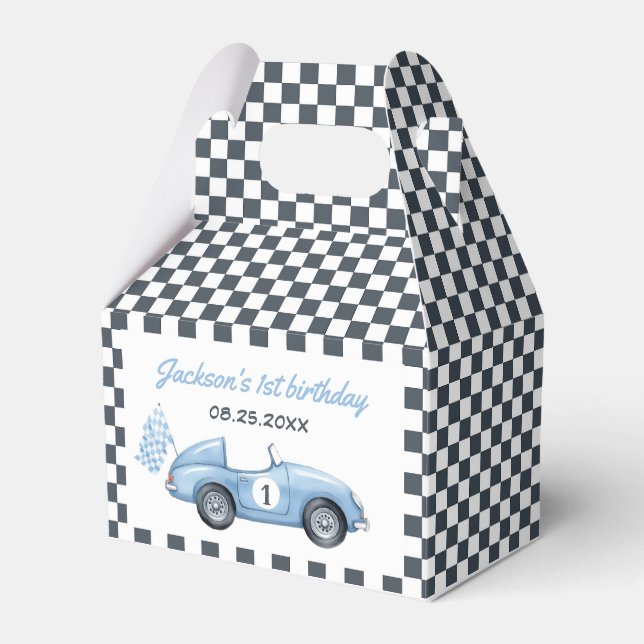Blue Race Car Boy 1st Birthday Favour Box (Front Side)