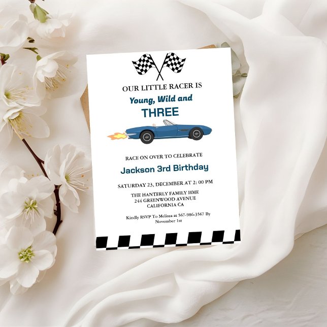 Blue Race Car Boy 3rd Birthday Party Invitation (Creator Uploaded)