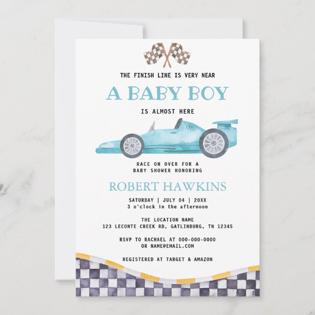Blue Race Car Boy Baby Shower Invitation (Front)