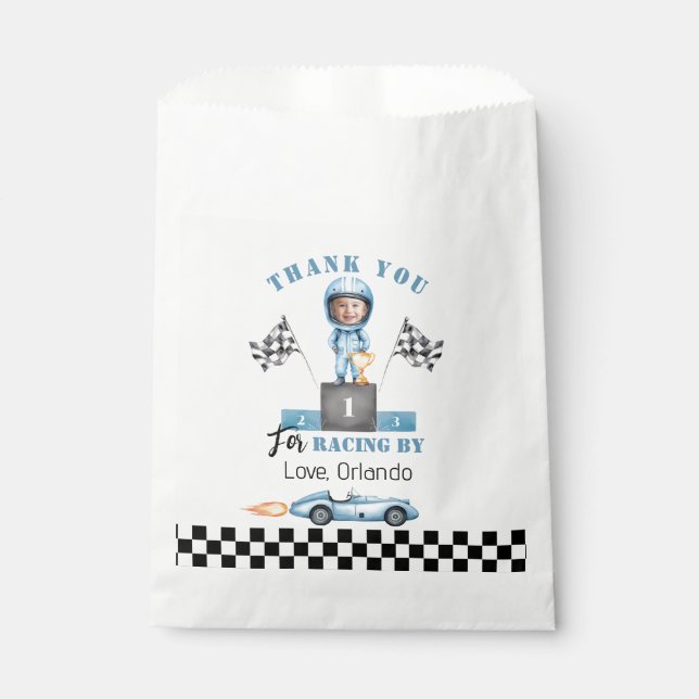 Blue race car Boy Racer Photo Birthday thank you Favour Bags (Front)