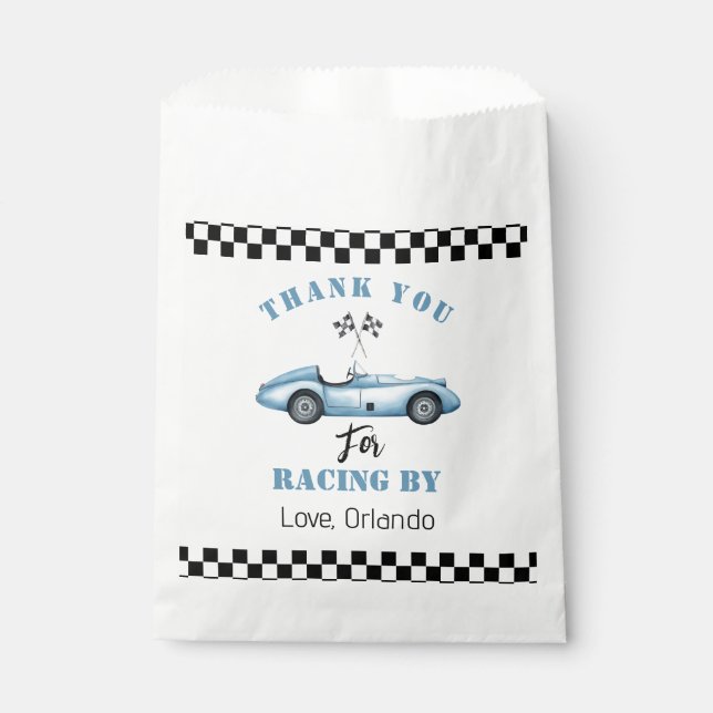 Blue race car Boy racing birthday thank you Favour Bags (Front)