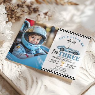 Blue Race car Cant catch me Boy Photo 3rd Birthday Invitation