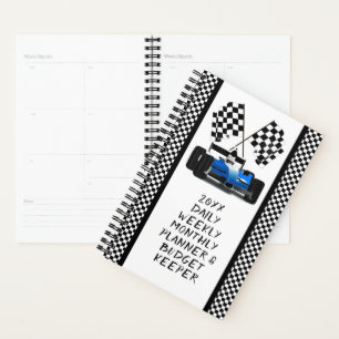 Blue Race Car Chequered Flag Planner
