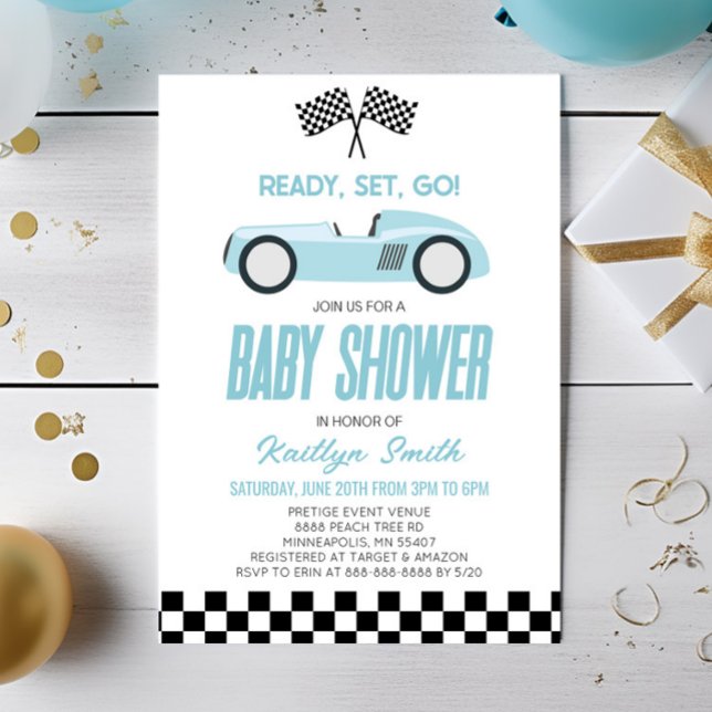 Blue Race Car Chequered Race Flag Baby Shower Invitation (Creator Uploaded)