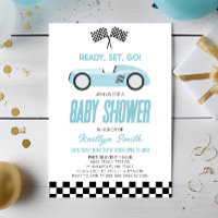 Blue Race Car Chequered Race Flag Baby Shower