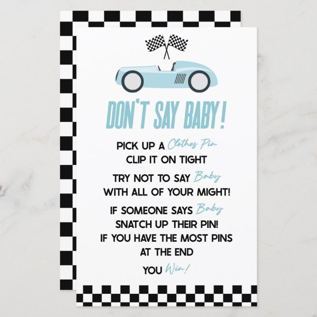 Blue Race Car Don't Say Baby Shower Game (Front/Back)