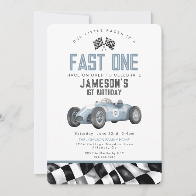 Blue Race Car Fast One 1st Birthday Party Invite (Front)
