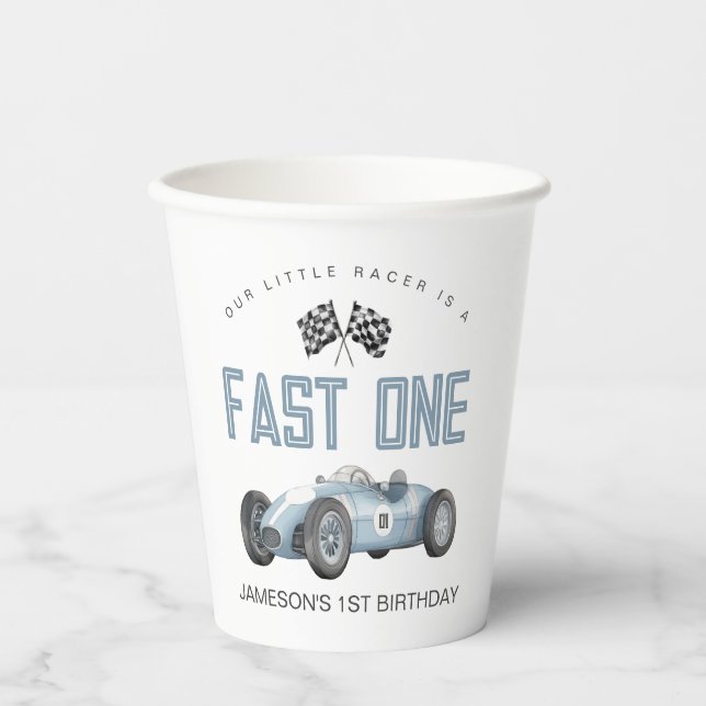 Blue Race Car Fast One 1st birthday party Paper Cups (Front)