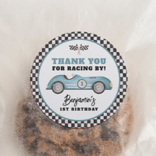 Blue Race Car Fast One Boy Birthday Party Classic Round Sticker