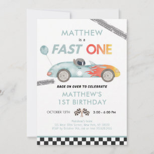 Blue Race Car Fast One First Birthday Invitation