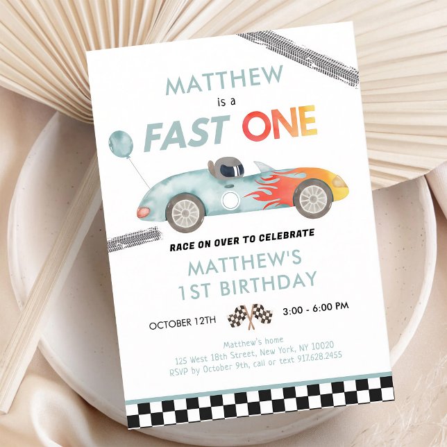 Blue Race Car Fast One First Birthday Invitation (Creator Uploaded)