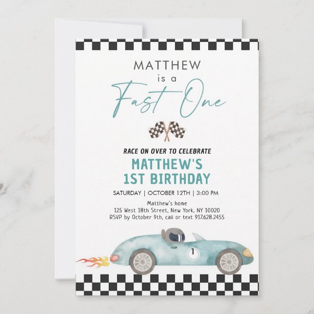 Blue Race Car Fast One First Birthday Invitation (Front)