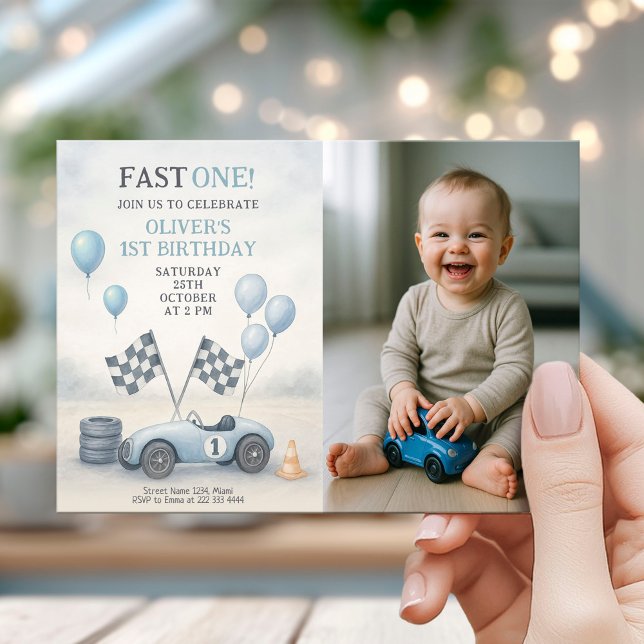 Blue Race Car First Birthday Photo Invitation (Creator Uploaded)