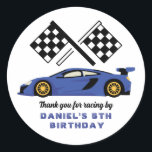 Blue Race Car for Kids Boys Birthday Party Classic Round Sticker<br><div class="desc">Cute party favours for kids,  boys or girls who love car racing. A colourful illustration of a sport race car. Perfect for kids birthday party,  party favours and thank you label.</div>