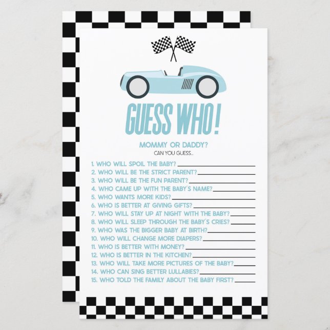 Blue Race Car Guess Who Baby Shower Game (Front/Back)
