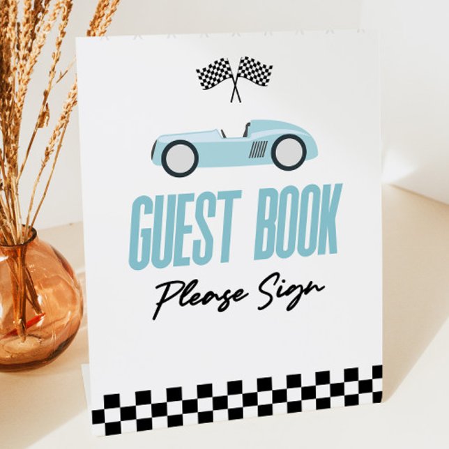 Blue Race Car Guest Book Party  Pedestal Sign (Creator Uploaded)
