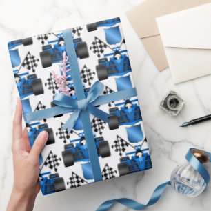 Blue race car pattern party wrap wrapping paper