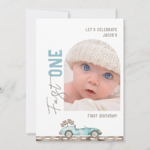 Blue Race Car Photo Birthday Invitation
