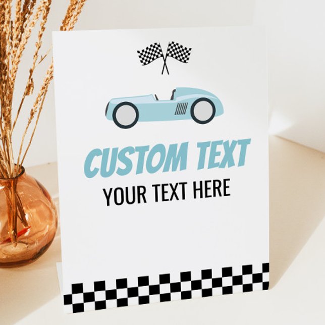 Blue Race Car Racecar Custom Text Party Pedestal Sign (Creator Uploaded)