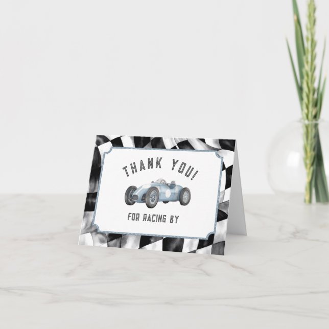 Blue Race Car Thank You Card Birthday Party (Front)