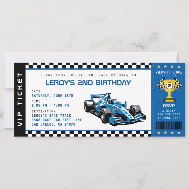 Blue Race Car Ticket Pass Boy Birthday Party Invitation (Front)