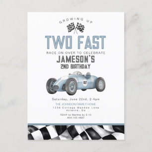 Blue Race Car Two Fast 2nd Birthday Party Invite Postcard