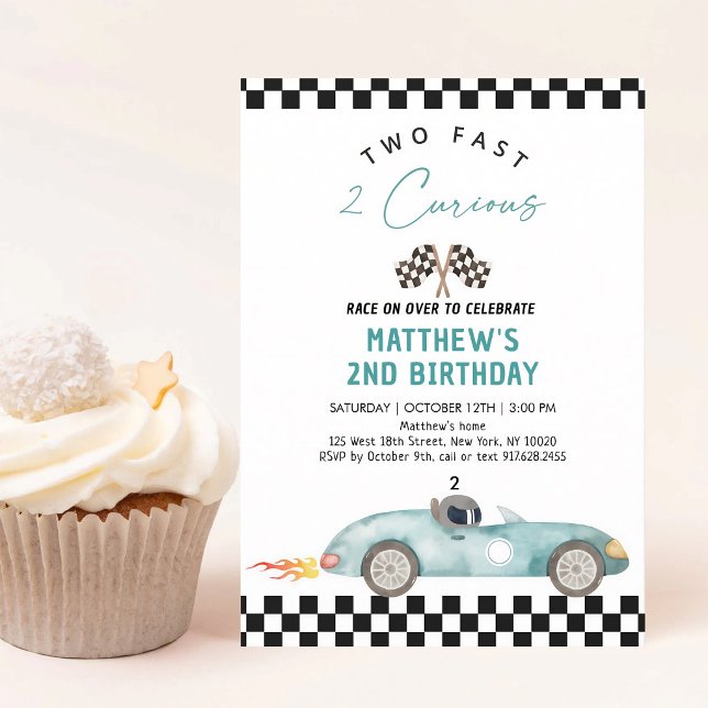 Blue Race Car Two Fast Second Birthday Invitation (Creator Uploaded)