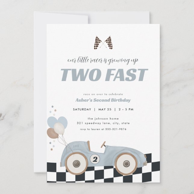 Blue Race Car Two Fast Second Birthday Invite  (Front)
