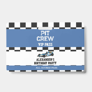 Blue Race Car Vip Pass Pit Crew Birthday Party ID Badge