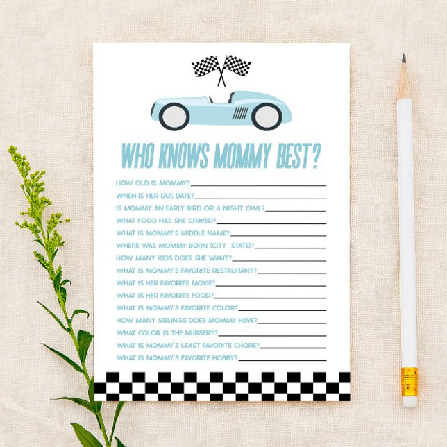 Blue Race Car Who Knows Mummy Baby Shower Game (Creator Uploaded)