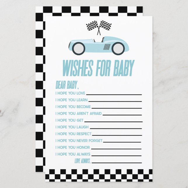 Blue Race Car Wishes For Baby Shower Game (Front/Back)