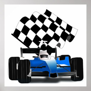 Blue Race Car with Checkered Flag Poster