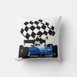 Blue Race Car with Chequered Flag Cushion