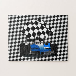 Blue Race Car with Chequered Flag Jigsaw Puzzle