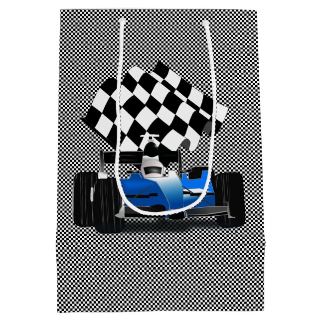 Blue Race Car with Chequered Flag Medium Gift Bag (Back)