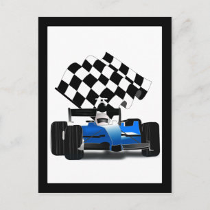 Blue Race Car with Chequered Flag Postcard