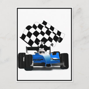 Blue Race Car with Chequered Flag Postcard